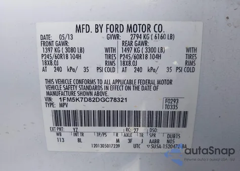 2013 Ford Explorer Xlt z USA, uszkodzony, nr VIN 1FM5K7D82DGC78321